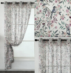 "Curtains at Home Pair Exotic Bird Blossom Design Eyelet Ring Top White Voile Panels - 54"" (137Cm) Drop" - thumbnail 2