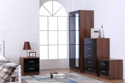 Reflect 2 Door Mirror Wardrobe, 5 Drawer Chest, 2X 2 Drawer Bedsides - Black Gloss & Walnut - Modern Bedroom Furniture Set - image 1