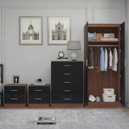 Reflect 2 Door Mirror Wardrobe, 5 Drawer Chest, 2X 2 Drawer Bedsides - Black Gloss & Walnut - Modern Bedroom Furniture Set - thumbnail 4