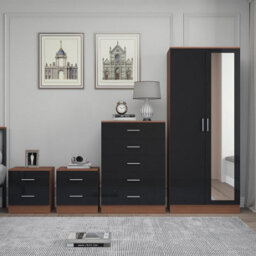 Reflect 2 Door Mirror Wardrobe, 5 Drawer Chest, 2X 2 Drawer Bedsides - Black Gloss & Walnut - Modern Bedroom Furniture Set - thumbnail 3
