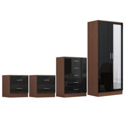 Reflect 2 Door Mirror Wardrobe, 5 Drawer Chest, 2X 2 Drawer Bedsides - Black Gloss & Walnut - Modern Bedroom Furniture Set - thumbnail 5