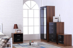 Reflect 2 Door Mirror Wardrobe, 5 Drawer Chest, 2X 2 Drawer Bedsides - Black Gloss & Walnut - Modern Bedroom Furniture Set