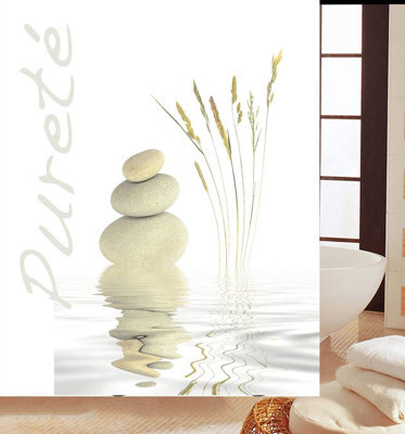 Kav Decorative Shower Curtain 3D Bathroom Mould Mildew Resistant Polyester Fabric With 12 Hooks, 180X180Cm, White Beach Stone