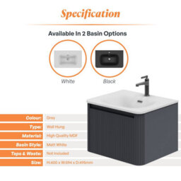 Plum&clay Isla Ribbed Fluted Grey Wall Hung Drawer Vanity Unit & White Basin Set (W)600mm - thumbnail 5