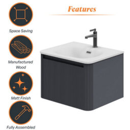 Plum&clay Isla Ribbed Fluted Grey Wall Hung Drawer Vanity Unit & White Basin Set (W)600mm - thumbnail 6