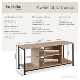 Tectake Tv Stand - Lowboard Cabinet With 4 Compartments, Adjustable Shelf 110 Cm - Industrial Wood Light, Oak Sonoma - thumbnail 6
