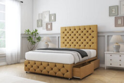"Sloomy Watson Mustard Plush Divan Bed No Drawers-26"" Strutted Headboard & 12"" Footboard 2'6 Small Single" - thumbnail 4