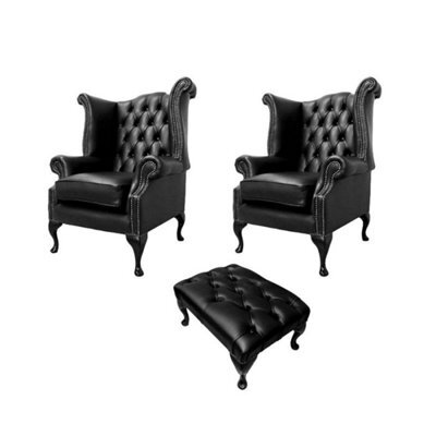 Chesterfield 2 X Wing Chairs + Footstool Old English Black Leather In Queen Anne Style - image 1