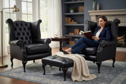 Chesterfield 2 X Wing Chairs + Footstool Old English Black Leather In Queen Anne Style - thumbnail 2