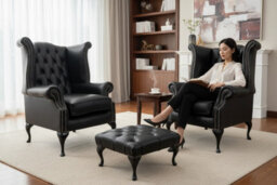 Chesterfield 2 X Wing Chairs + Footstool Old English Black Leather In Queen Anne Style - thumbnail 3