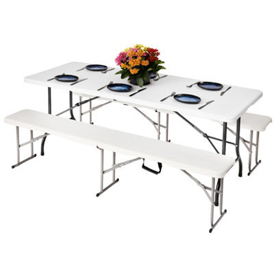 Novecrafto 6Ft Folding Table & 2 Folding Benches Set - Easy-To-Store, Heavy-Duty White Hdpe, Steel Frames, Carry Handle, Indoor/outdoor Use - image 1