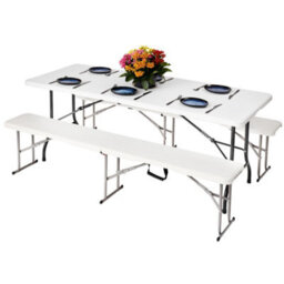 Novecrafto 6Ft Folding Table & 2 Folding Benches Set - Easy-To-Store, Heavy-Duty White Hdpe, Steel Frames, Carry Handle, Indoor/outdoor Use