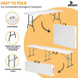 Novecrafto 6Ft Folding Table & 2 Folding Benches Set - Easy-To-Store, Heavy-Duty White Hdpe, Steel Frames, Carry Handle, Indoor/outdoor Use - thumbnail 3