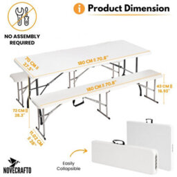 Novecrafto 6Ft Folding Table & 2 Folding Benches Set - Easy-To-Store, Heavy-Duty White Hdpe, Steel Frames, Carry Handle, Indoor/outdoor Use - thumbnail 4