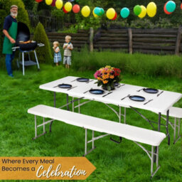 Novecrafto 6Ft Folding Table & 2 Folding Benches Set - Easy-To-Store, Heavy-Duty White Hdpe, Steel Frames, Carry Handle, Indoor/outdoor Use - thumbnail 7