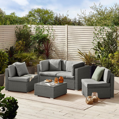 Furniturebox Orlando Grey Rattan Garden Sofa Modular Outdoor Patio Couch Seating - Table & 4 Chairs Garden Corner Sofa Set +Cover - image 1