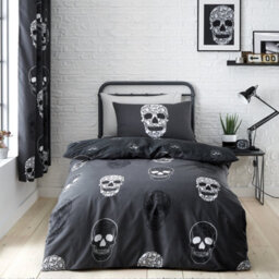 Catherine Lansfield Bedding Skulls Reversible Duvet Cover Set With Pillowcase Grey - thumbnail 3