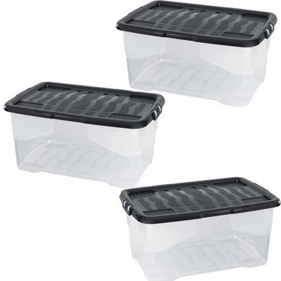 STAR SUPPLIES 3 X 42 Litres Clear Transparent Base Curve Storage Containers With Black Lids For Home & Office - image 1