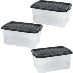 STAR SUPPLIES 3 X 42 Litres Clear Transparent Base Curve Storage Containers With Black Lids For Home & Office - thumbnail 1