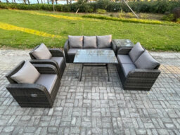 Fimous 7 Seater High Back Pe Rattan Sofa Set Outdoor Garden Furniture Dining Table Set With Reclining Chair For Terrace - thumbnail 1