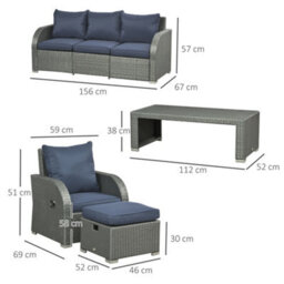 Outsunny 6Pc Padded Outdoor Rattan Wicker 3-Seat Sofa Recliner Footstool Table - thumbnail 3