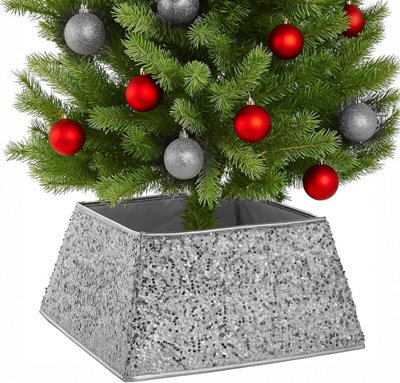 Festive Fix Silver Sequin Christmas Tree Skirt Foldable Four Side Base Cover With Velcro For Real And Artificial Trees - image 1