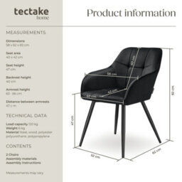 Tectake Set Of 2 Dining Chair Marilyn - Velvet Look, Quilted Pattern  - Black/black - thumbnail 6