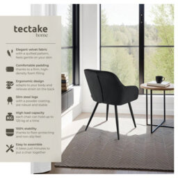 Tectake Set Of 2 Dining Chair Marilyn - Velvet Look, Quilted Pattern  - Black/black - thumbnail 2