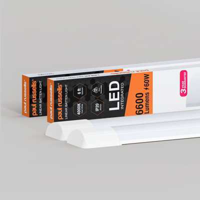 Paul Russells 6Ft Led Batten Tube Lights, 60W 6600 Lumens, Ip20, 4000K Cool White, Ultra Slim, Pack Of 2 - image 1
