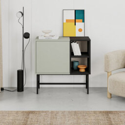 Decortie Storage Cabinet Push-To-Open Door Sideboard, Open Shelf,metal Leg, Easy Assembly, Living-Dining Room,ash Green,black Wood - thumbnail 4