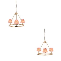 Loops Elegant 2 Pack Of Hanging Pendant Lights In Aged Brass And Coral Pink Fabric - thumbnail 1