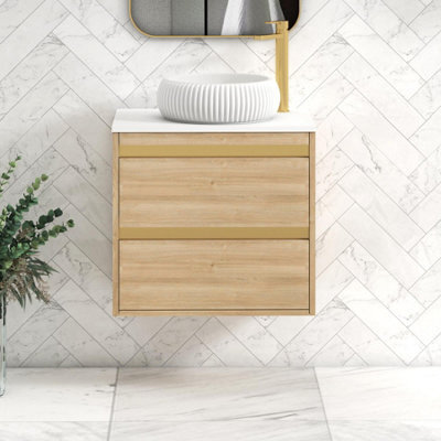 Royal Bathrooms Orion 600mm Natural Oak Wall Hung Plain White Countertop Vanity Unit 2 Drawer With Milan Basin & Brushed Brass Accent Trim - image 1