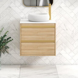 Royal Bathrooms Orion 600mm Natural Oak Wall Hung Plain White Countertop Vanity Unit 2 Drawer With Milan Basin & Brushed Brass Accent Trim