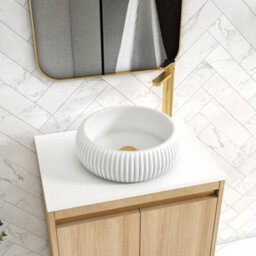 Royal Bathrooms Orion 600mm Natural Oak Wall Hung Plain White Countertop Vanity Unit 2 Drawer With Milan Basin & Brushed Brass Accent Trim - thumbnail 5