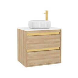 Royal Bathrooms Orion 600mm Natural Oak Wall Hung Plain White Countertop Vanity Unit 2 Drawer With Milan Basin & Brushed Brass Accent Trim - thumbnail 6