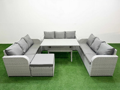 Fimous Pe Rattan Lounge Sofa Set 10 Seater Outdoor Garden Furniture Set Rectangular Dining Table 3 Seater Sofa Big Footstool - image 1
