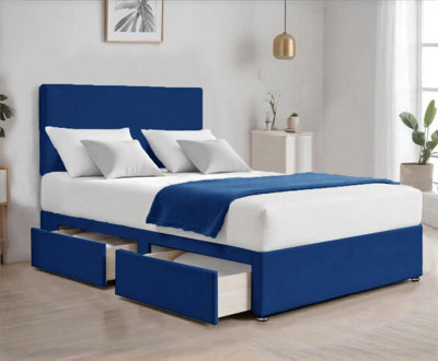 Blue Plush 6Ft Super King Size Bed With Matttress  2 Storage Drawers And 20 Inch Plain Headboard - image 1