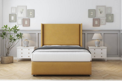 "Sloomy Stratford Mustard Plush Divan Bed Set No Drawers With 54"" Wingback & 12"" Footboard 4'6 Double" - image 1