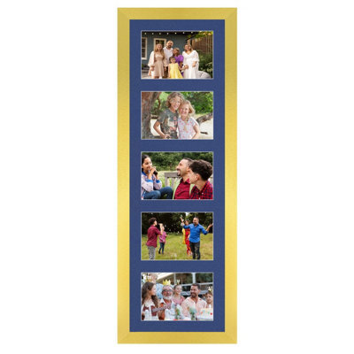 AK Frames 26X8 Gold Modern Multi Photo Frame With Blue Mount - Holds 5 Apertures (5X) 6X4 Photos - image 1