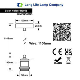 Long Life Lamps Company Industrial Vintage Ceiling Pendant Lamp Holder Matte Black E27 Fitting H3065 - thumbnail 2