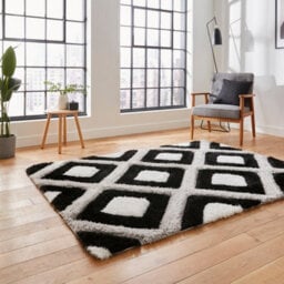 Black White Shaggy Modern Easy To Clean Geometric Rug For Dining Room -160Cm X 220Cm - thumbnail 2