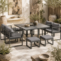 Wyld Haus Sekalu Grey 9-Piece Outdoor Dining Set - Aluminium Frame, Rattan Rope Detailing, Glass-Top Table, Seats 8 - thumbnail 1