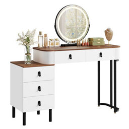 Dressing Table Vanity Makeup Desk With Swivel Mirror Led Lights 5 Drawers - thumbnail 1
