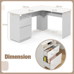 Costway L Shaped Computer Desk 150Cm Corner Study Writing Desk With Letter File Drawer - thumbnail 3