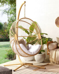 Beliani Hanging Chair With Stand Acri Pe Rattan Beige - thumbnail 2