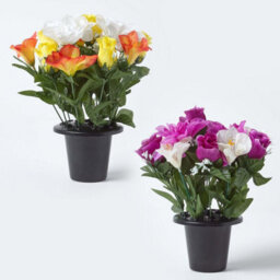 Homescapes Artificial Grave Flowers Set Of 2 Purple, Orange, & White Handcrafted Roses & Peonies In Grave Vases, 30 X 25 Cm