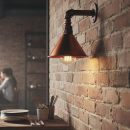 " Industrial Vintage Water Pipe Wall Light With Conical Metal Shade Rustic Red E27" - thumbnail 3