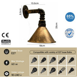 " Industrial Vintage Water Pipe Wall Light With Conical Metal Shade Rustic Red E27" - thumbnail 2