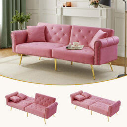 Btm Modern 2 Seater Velvet Sofa Bed With Adjustable Backrest Gold Metal Legs Stylish Space Saving Durable Small Spaces - thumbnail 2