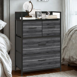 FURNOLD Industrial 4 Fabric Drawer Chest Storage Unit With Shelftop Black